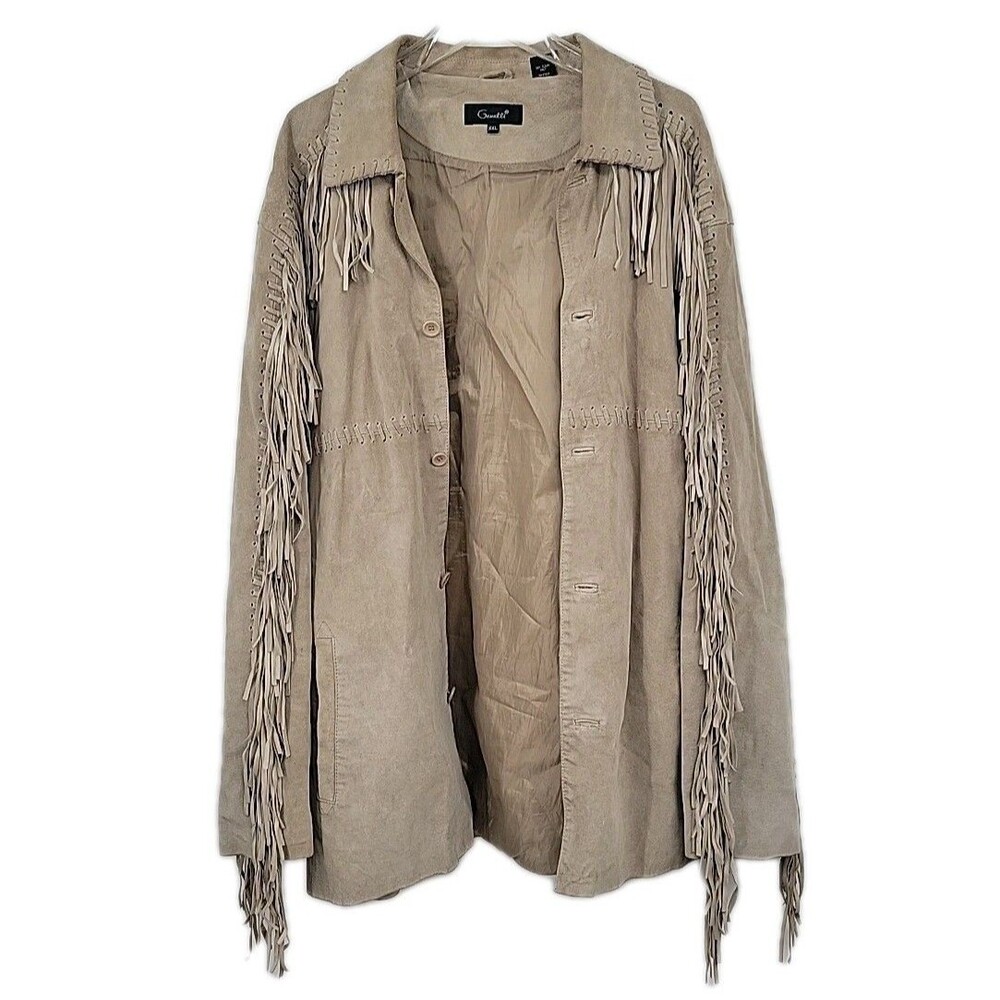 Genelli Mens Leather Fringe Jacket Size XXL Blonde Tan Coat Vintage - Picture 3 of 16